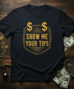 Show Me Your Tips graphic t-shirt design with gold dollar signs and emblem
