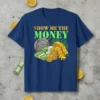 Show Me The Money text graphic on a navy blue t-shirt with illustrations of gold bars, money stacks, and a