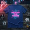 Blue t-shirt with neon circuit board design that reads "SHOW ME THE TITTIES" in pink and cyan text