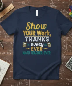 Show YOUR Work, THANKS every EVER MATH TEACHER, EVER quote t-shirt with calculators and math symbols in yellow, white, and