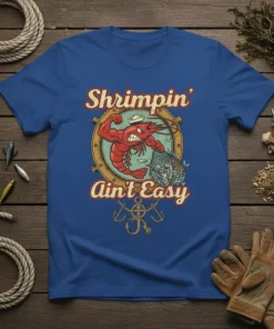Shrimpin' Ain't Easy T-Shirt with a muscular cartoon shrimp holding a fishing net, nautical theme