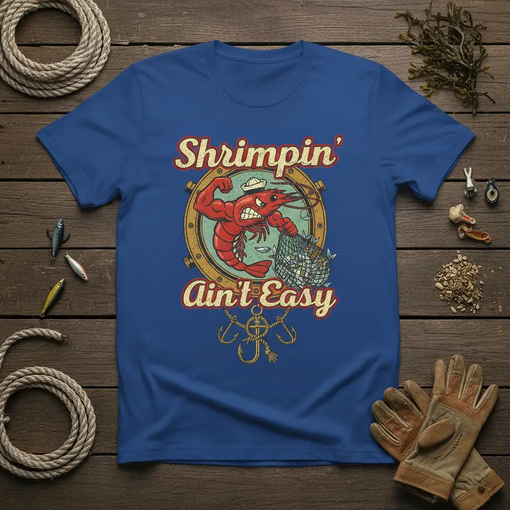Shrimpin' Ain't Easy humorous fishing quote with muscular shrimp character and net graphic