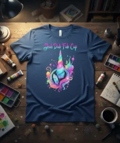 Shuh Duh Fuh Cup text above a colorful unicorn horn with crystals design on a navy blue t-shirt