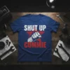 Shut Up Commie t-shirt with white text "SHUT UP" and red text "COMMIE" flanking a fist raised in front of