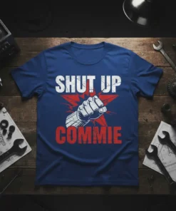 Shut Up Commie t-shirt with white text "SHUT UP" and red text "COMMIE" flanking a fist raised in front of