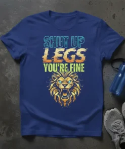 Shut Up Legs You're Fine text with roaring lion graphic on a navy blue workout t-shirt
