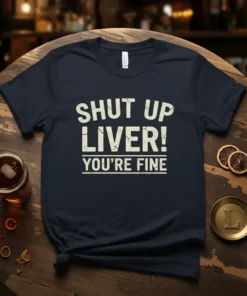 Shut Up Liver You're Fine funny quote t-shirt in white distressed text on a navy blue tee