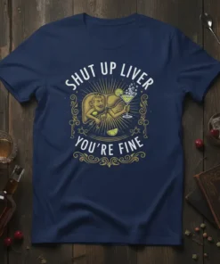 Shut Up Liver You're Fine quote with a cartoon liver holding a martini glass on a navy blue t-shirt