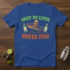 Shut up liver you're fine funny drinking quote t-shirt with sombrero, tequila bottles, and mustache graphic