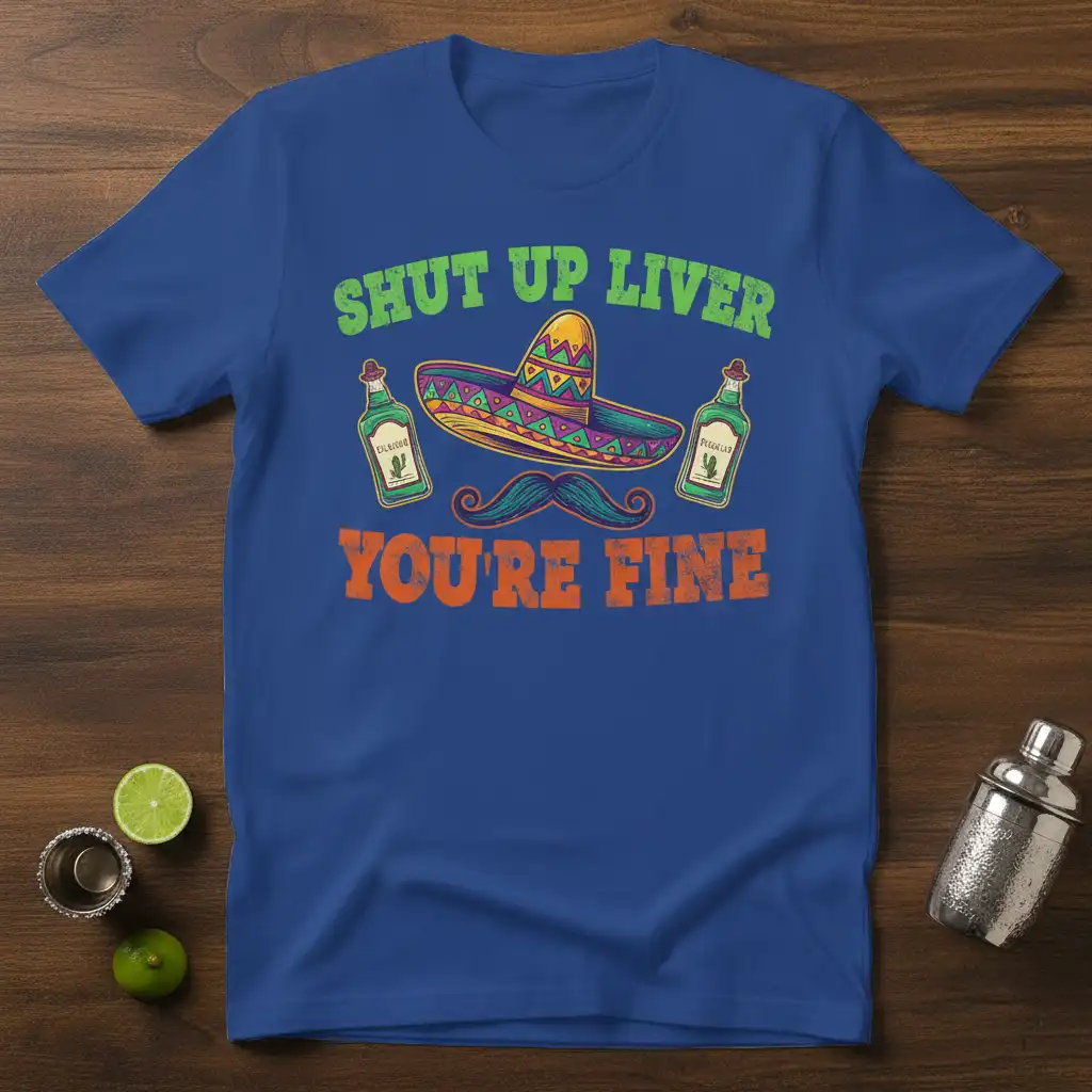 Shut up liver you're fine humorous quote with festive sombrero and tequila graphic on a royal blue tee