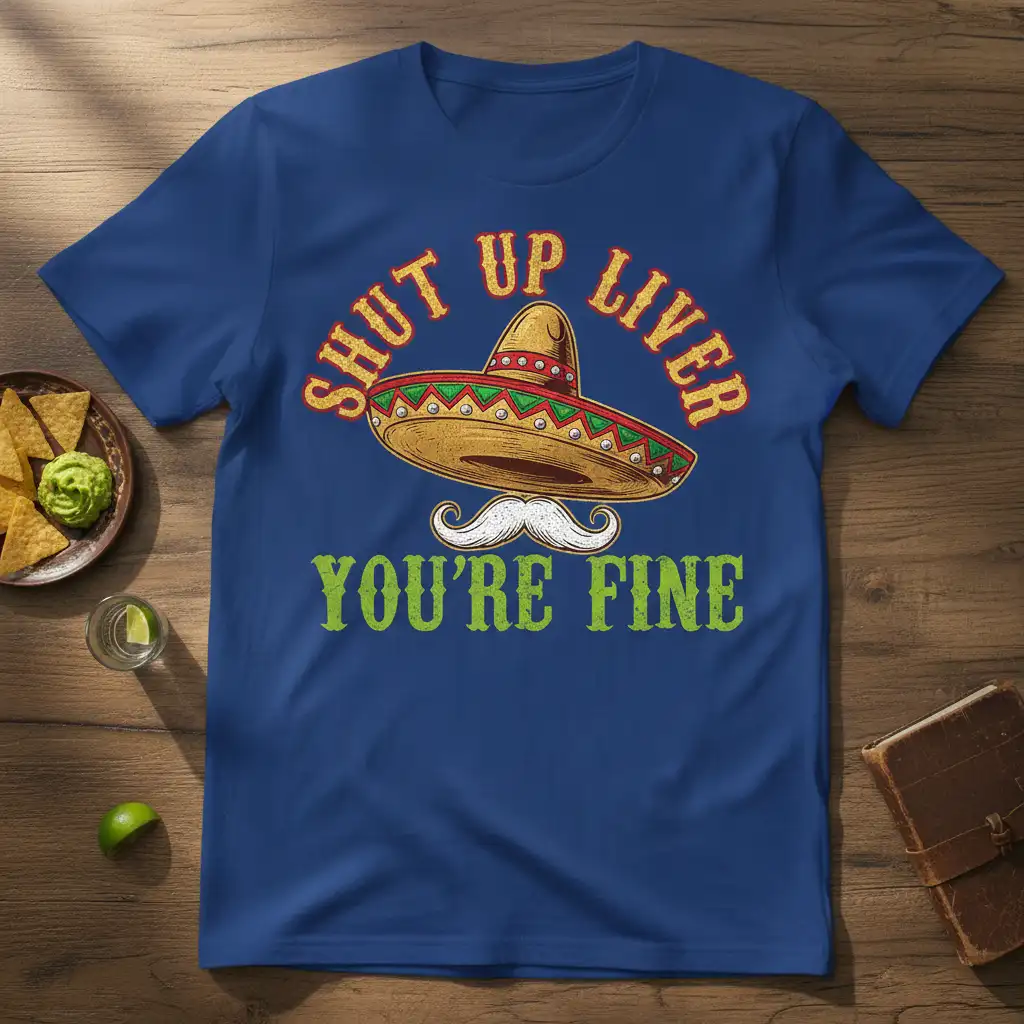Shut Up Liver You're Fine humorous quote with sombrero and mustache graphic on a t-shirt