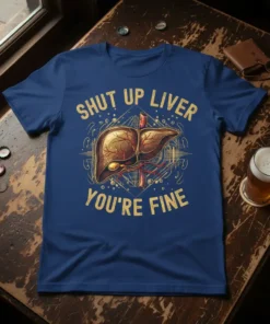 Shut Up Liver You're Fine humorous quote t-shirt with a graphic of a human liver and gold text