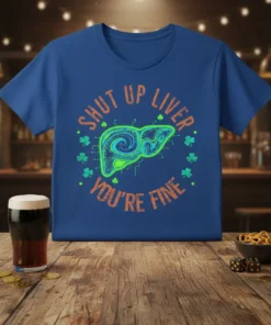 Shut Up Liver You're Fine graphic tee with a stylized liver design and shamrocks