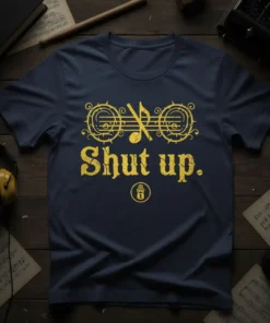Navy blue t-shirt with "Shut up." text and a gold microphone graphic, perfect for podcast lovers