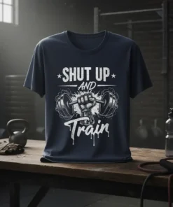 Shut Up And Train t-shirt with a vintage distressed barbell graphic and motivational quote for gym workouts