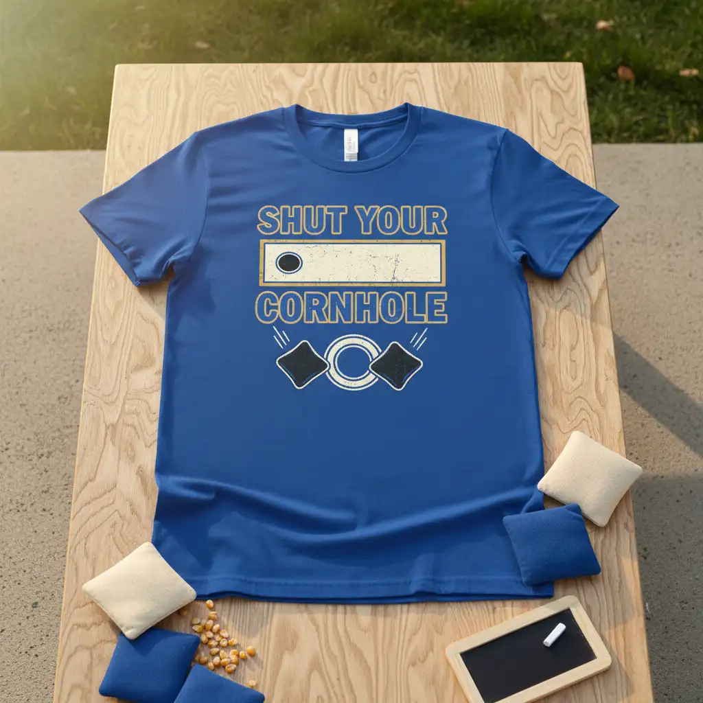SHUT YOUR CORNHIOLE eye-catching design printed on breathable fabric creating a standout t-shirt
