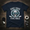 Shut Your Five Hole hockey goalie t-shirt design featuring a goalie mask and crossed hockey sticks