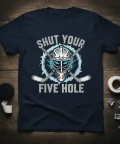 Shut Your Five Hole hockey goalie t-shirt design featuring a goalie mask and crossed hockey sticks