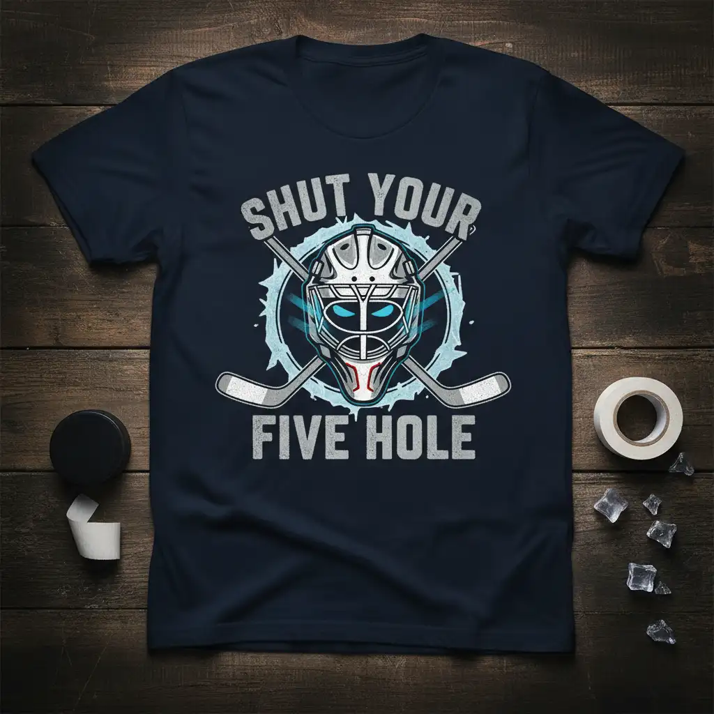 Shut Your Five Hole hockey quote design with goalie mask and crossed sticks on a dark t-shirt