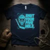 Shut Your Five Hole hockey goalie t-shirt design with a goalie mask and stick graphic