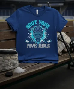 Shut Your Five Hole hockey goalie t-shirt with a blue design featuring a goalie mask and crossed hockey sticks