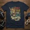 Shut Your Five Hole I Shut Your hockey t-shirt design featuring a tiger and crossed hockey sticks. Vintage style with