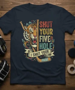 Shut Your Five Hole I Shut Your hockey t-shirt design featuring a tiger and crossed hockey sticks. Vintage style with