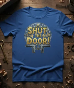 Blue t-shirt with "SHUT THE DOOR!" text in gold, surrounded by a steampunk-inspired mechanical gear design