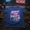 SHUT THE F@#% UP rude slogan t-shirt with a robotic middle finger graphic and circuit board design