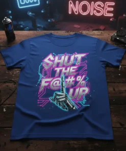 SHUT THE F@#% UP rude slogan t-shirt with a robotic middle finger graphic and circuit board design