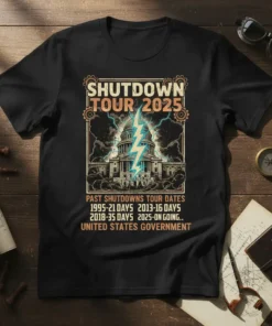SHUTDOWN TOUR 2025 PAST text design featuring detailed typography on quality t-shirt