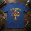 Blue t-shirt featuring the phrase "Si Se Puede" above a tree graphic with a fist as the trunk and colorful