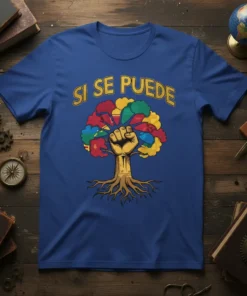Blue t-shirt featuring the phrase "Si Se Puede" above a tree graphic with a fist as the trunk and colorful