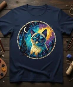 Siamese Cat Starry Night stylish graphic design printed on comfortable cotton t-shirt