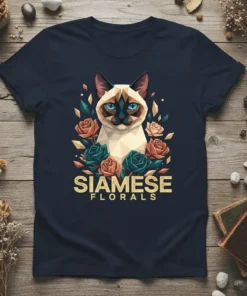 Geometric Siamese cat with blue eyes surrounded by teal and coral roses, text reads SIAMESE FLORALS on a navy t-shirt