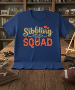 Sibbling SQUAD text design with decorative elements and two red hearts on a blue t-shirt