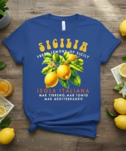 T-shirt featuring "Sicilia Fresh Lemons of Sicily Isola Italiana Mar Tirreno, Mar Ionio Mar Mediterraneo" text and a lemon grove