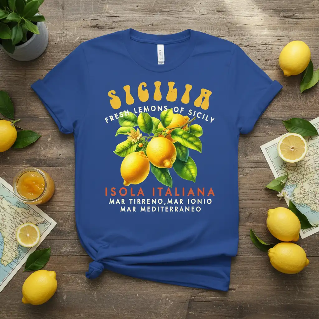 Sicilia Fresh Lemons of Sicily Isola Italiana text with a lemon grove design on a royal blue t-shirt