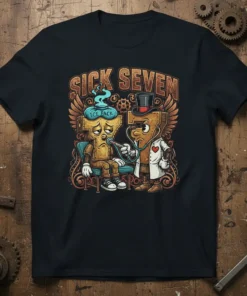 Sick Seven t-shirt design with a cartoon doctor examining a sick number seven character with an ice pack