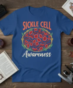 Sickle Cell Awareness T-Shirt with red blood cell graphic and medical caduceus symbol, promoting health advocacy