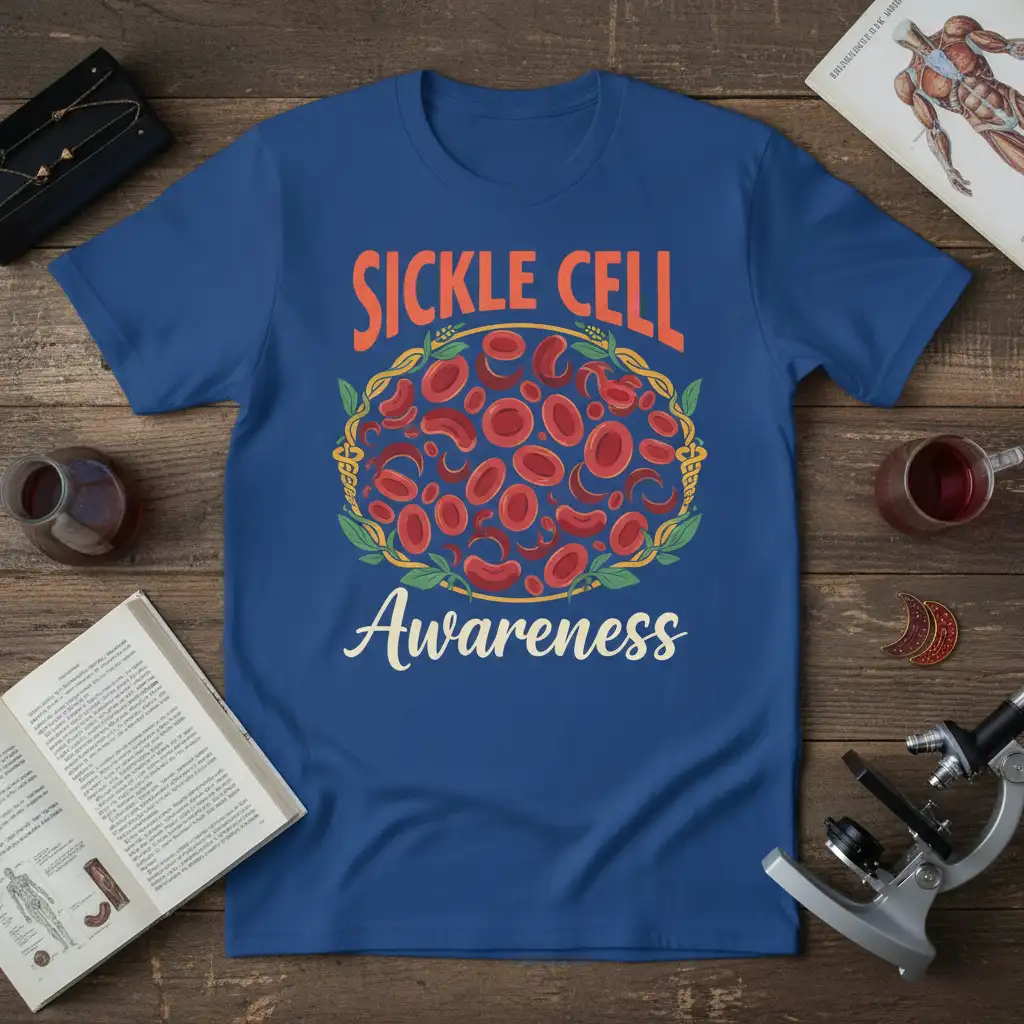 Sickle Cell Awareness t-shirt design with red blood cells and caduceus symbol for health advocacy