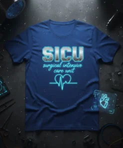 SICU Surgical Intensive Care Unit text with heart monitor graphic on a navy blue t-shirt