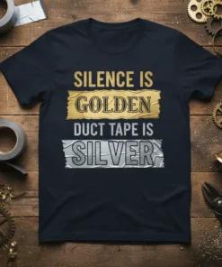 Silence Is Golden Duct Tape Is Silver quote t-shirt with gold and silver tape graphics