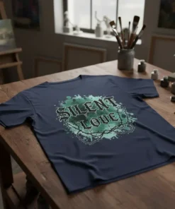 Dark navy t-shirt with a "SILENT LOVE" gothic design featuring black and green splatters and a crown of thorns