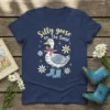 Navy t-shirt with "Silly goose on the loose" text and a cartoon goose wearing boots and a bow tie