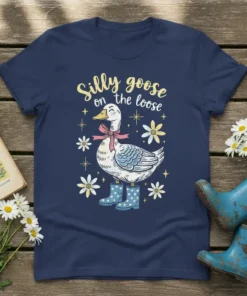 Navy t-shirt with "Silly goose on the loose" text and a cartoon goose wearing boots and a bow tie