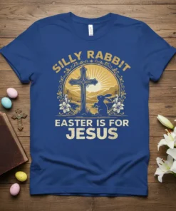Silly Rabbit Easter Is For Jesus Christian T-Shirt design with a cross, sunburst, and bunny graphic