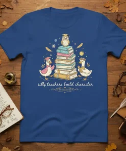 Silly Teachers Build Character t-shirt design with cartoon owl and ducks reading books, featuring graduation cap and feathers