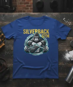 Silverback Gym t-shirt design featuring a powerful gorilla lifting a barbell, with "SILVERBACK GYM" text above
