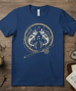 Singing Fish Fishing T-Shirt design featuring two fish singing with musical notes, a fishing rod, and a circular frame